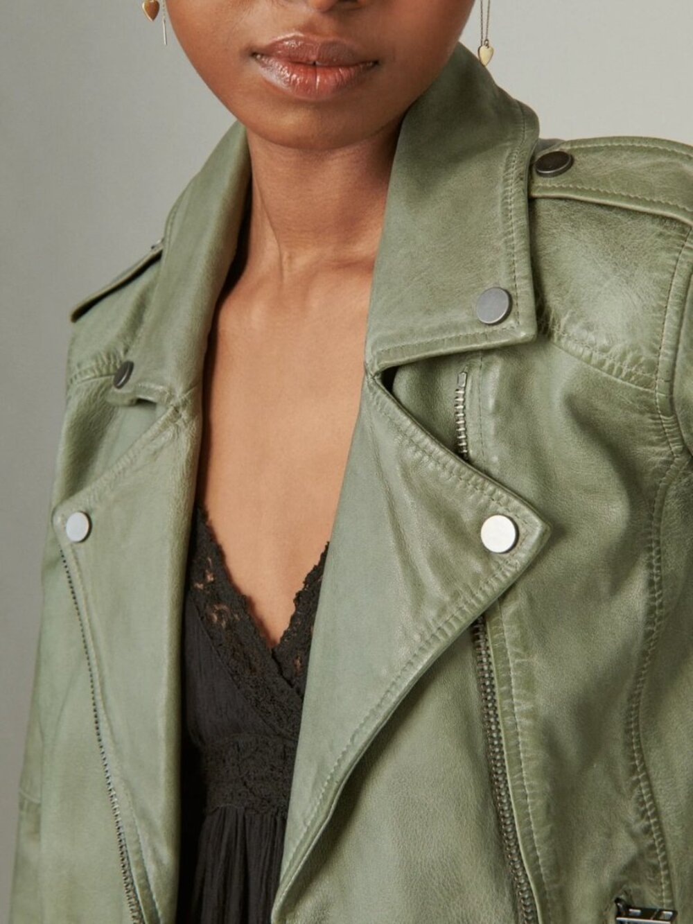 Lucky Brand Classic Leather Moto Jacket - Oil Green - Large - Picture 2 of 12